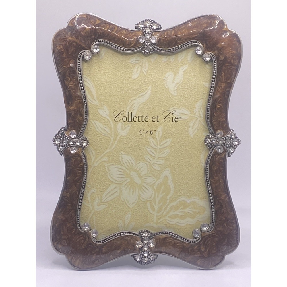 Vintage Collette et Cie Enameled Ornate Metal Photo Frame Swirl Rhinestone 4 X 6